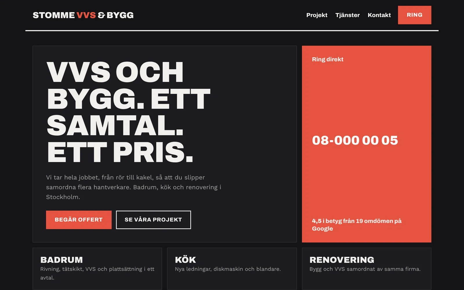 Startsida för en firma inom VVS och bygg med tunga versaler och rött ring-block
