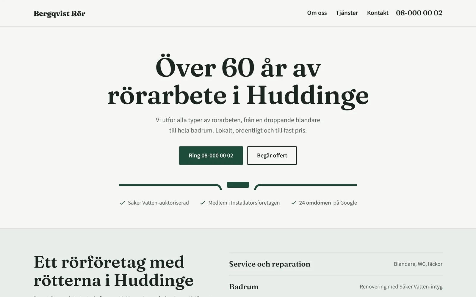 Startsida för ett traditionellt rörföretag med serif-rubrik, ljus botten och flaskgröna detaljer