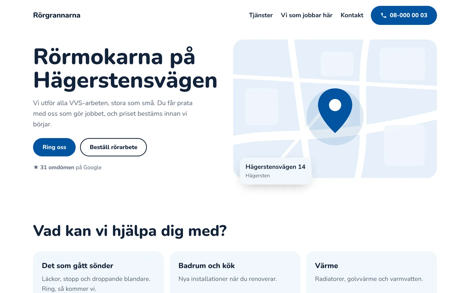 Startsida för en lokal rörfirma med karta över kvarteret och gatuadress