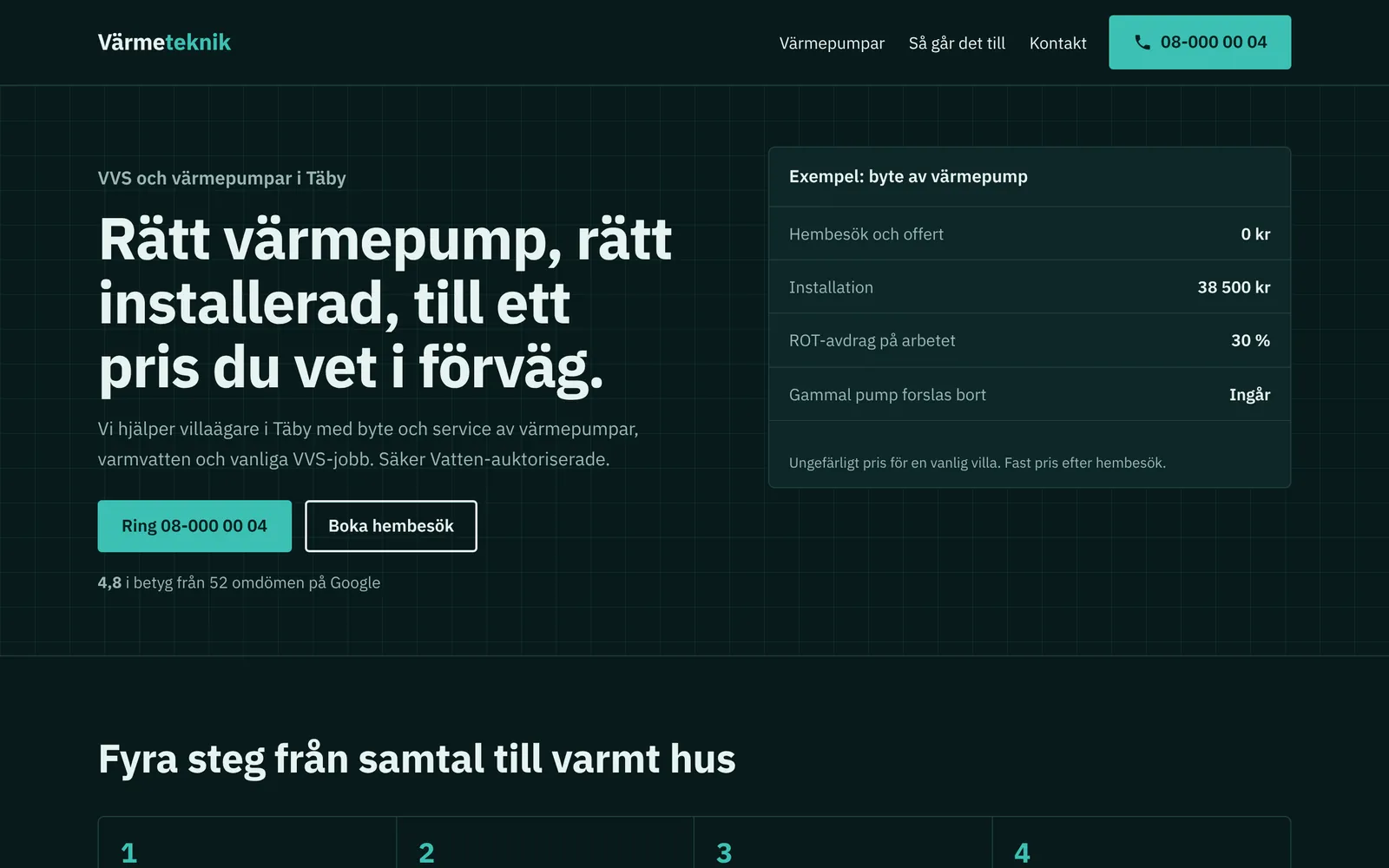 Startsida för en värmepumpsfirma med rutnät och pristabell